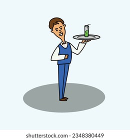 Cartoon male waiter,handsome man in uniform,working in coffe shop or restaurant,isolated on white background.