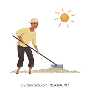 Cartoon male worker drying coffee beans outdoors vector illustration