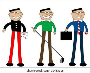 cartoon males - casual, golf and business