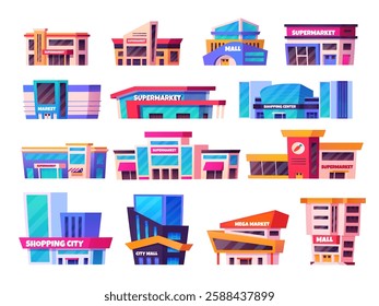 Cartoon mall buildings. Shopping centers, supermarket building outside exterior big hypermarket store retail shop super market modern build outlet set swanky vector illustration original artwork