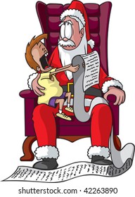 A Cartoon Mall Santa With A Very Ambitious Child On His Lap. Layered Vector File.  Happy Holidays And Thank You.