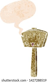 cartoon mallet with speech bubble in grunge distressed retro textured style