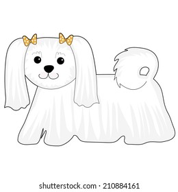 A cartoon of a Maltese dog with bows in her hair