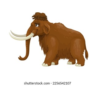 Caricatura Mammoth personaje animal. La era del hielo extinguió a los animales herbívoros lindos personajes, antigua fauna silvestre de elefante leñoso mamífero con tronco y colmillos. Enorme mamut aislado vector mascota graciosa