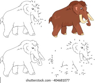Cartoon mammoth. Coloring book and dot to dot educational game for kids
