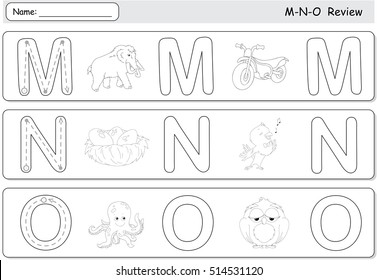 Cartoon mammoth, motorcycle, nightingale, nest, octopus and owl. Alphabet tracing worksheet. M-N-O Review