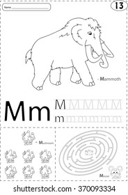 Cartoon mammoth, mushroom and mouse. Alphabet tracing worksheet: writing A-Z, coloring book and educational game for kids
