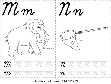 Cartoon mammoth and net. Alphabet tracing worksheet: writing A-Z, coloring book and educational game for kids