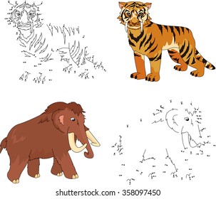 Cartoon mammoth and saber-toothed tiger. Dot to dot educational game for kids. Vector illustration