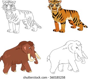 Cartoon mammoth and saber-toothed tiger. Educational game for kids. Coloring book. Vector illustration