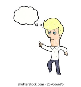 cartoon man accusing with thought bubble