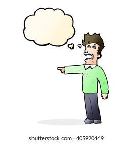 cartoon man accusing with thought bubble