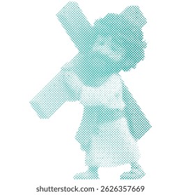 A cartoon man acting as Jesus Christ carrying the cross in halftone retro modern