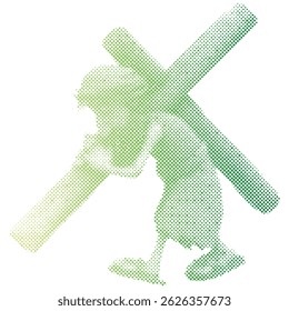 A cartoon man acting as Jesus Christ carrying the cross in halftone retro modern