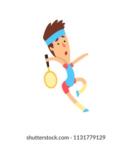 Cartoon man in action with racket in hand ready to hit tennis ball. Guy wearing sportswear. Summer Olympic game. Flat vector design