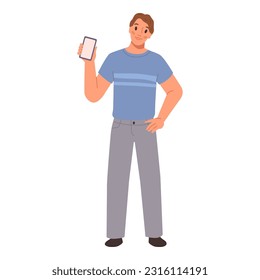 Cartoon man advertising smartphone, comic character with mobile phone. Young man show phone screen, male hold smartphone in hand, presentation information, empty display