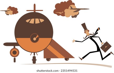 Cartoon man in the airport. 
Scurrying long mustache gentleman in the top hat with suitcase trying does not miss the flight isolated on white
