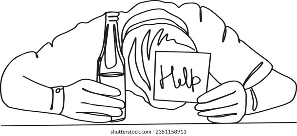 Cartoon Man Alcohol Problem Beer Bottle and Help Card, Sketch Cartoon Man with Alcohol Issues, Cartoon Clip Art Man Holding Beer and Seeking Help