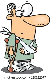 cartoon man all bandaged up with a cast and crutches