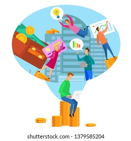 Cartoon Man Analysis Building Strategy Financial Profit Report Vector Illustration. Bank Loan Money Credit Investment Commercial Idea Success Business Center Apartment Office Property