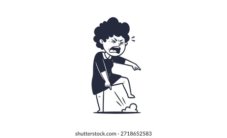 Hombre de la historieta con la expresión enojada sentado en un taburete en una ilustración simple