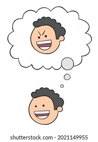 Cartoon man appears to be a happy, good person, but malicious and sneaky, vector illustration. Colored and black outlines.