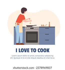 Cartoon man in an apron fries eggs for breakfast. People enjoying cooking food at kitchen vector illustration. Homemade healthy dish. I love to cook poster
