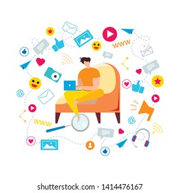 Cartoon Man in Armchair Type in Notebook Browse Social Media Vector Illustration. Internet Communication, Modern Technology, Network Blog Content, Share Post Online, Business Service Marketing