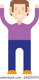 Cartoon man with arms raised, wearing purple top, blue pants and orange shoes.