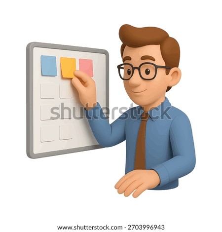 Cartoon Man Arranging Sticky Notes On Board
