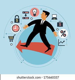 Cartoon man with an arrow path and business icons. Concept of business strategy. The man standing on the right.