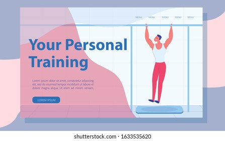 Cartoon Man Athlete Character Pulling up in Gym. Personal Training Sport Studio. Street Workout Exercising with Instructor Advertisement. Trendy Flat Landing Page Design. Vector Illustration