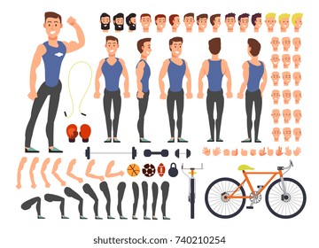 Cartoon man athlete vector character constructor with set of body parts and sports equipment. Character man with sport, equipment illustration