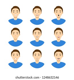 Cartoon Man Avatar Set Different Types Emotions Concept Element Flat Design Style. Vector illustration of Human Mouth Speak