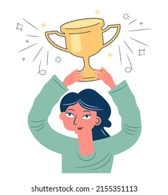 Caricatura de un hombre con un premio. El concepto de alcanzar el objetivo. Orgullo por el logro. Concepto de diseño plano
