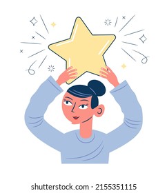 Cartoon of a man with an award. The concept of achieving the goal. Pride in achievement. Flat design concept
