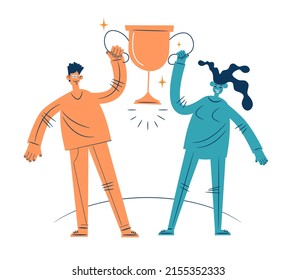 Caricatura de un hombre con un premio. El concepto de alcanzar el objetivo. Orgullo por el logro. Concepto de diseño plano