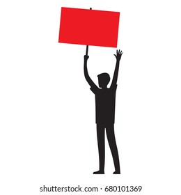 Cartoon man back silhouette with red streamer raises his hand and shows protest isolated vector illustration on white background.