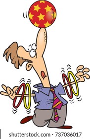 cartoon man balancing a ball on his nose and spinning rings on his arms