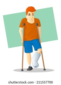 Cartoon man with bandaged foot walking on crutches/On Crutches Vector