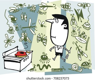 Cartoon of man with barbecue and clouds of insects. 