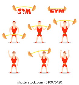Cartoon man barbell exercises: squat, deadlift, overhead press. Weight lifting illustration. Cute athlete