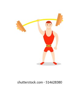 Cartoon man barbell exercises: squat, deadlift, overhead press. Weight lifting illustration. Cute athlete