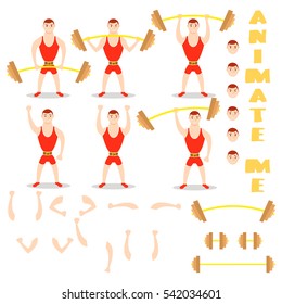 Cartoon man barbell exercises squat, deadlift, overhead press. Cute athlete. character creation set. icons with different types of faces, emotions. Male person in different poses. Moving arms, legs