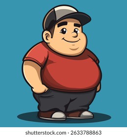 Cartoon of a man with a baseball cap, red shirt, and black pants, standing with his hand in his pocket.