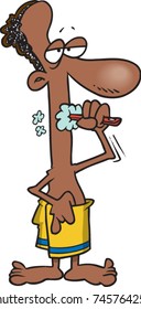 cartoon man in a bath towel brushing his teeth