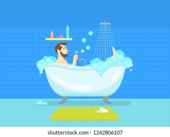 Cartoon Man in Bathroom Bathtub with Foam Hygiene Concept. Concept Element Flat Design Style. Vector illustration