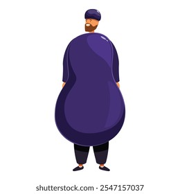 Cartoon man with beard and hat wearing funny inflatable eggplant costume, smiling and looking over his shoulder