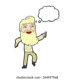 cartoon man with beard laughing and pointing with thought bubble