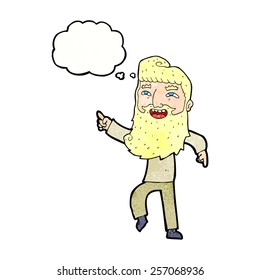 cartoon man with beard laughing and pointing with thought bubble